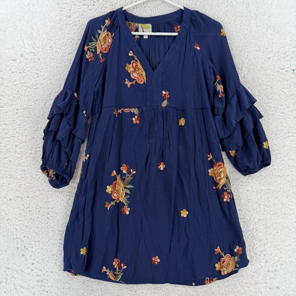 Fig And Flower Anthropologie Dress Womens PS Blue Embroidered Floral Mini